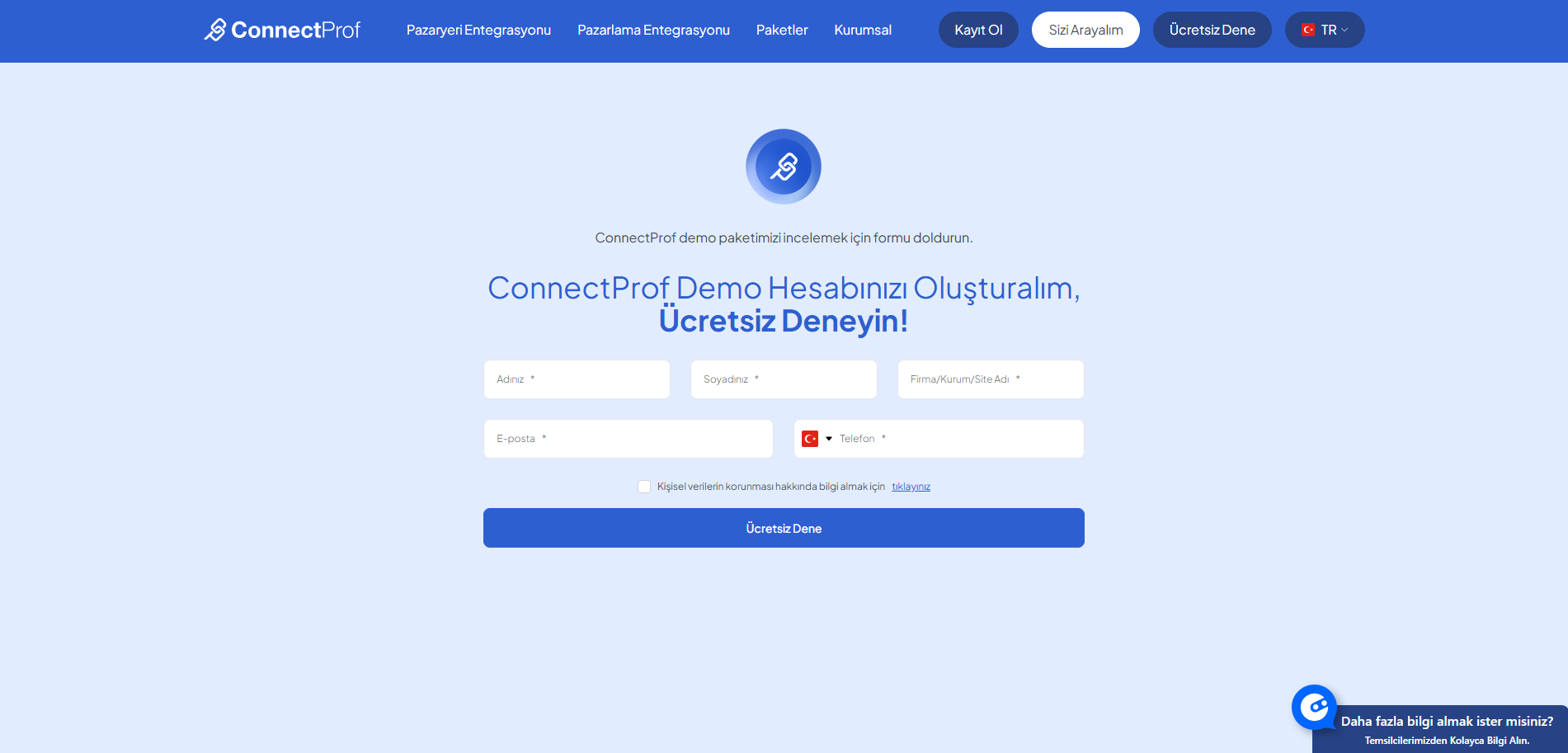 ConnectProf Demo Kayıt Ekranı